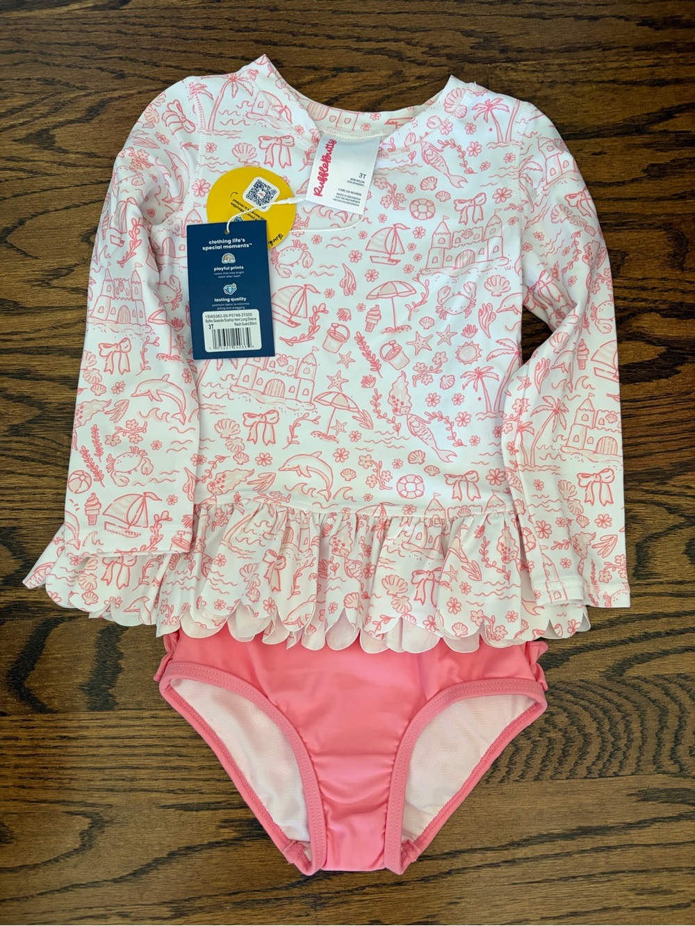 Ruffle Butts Pink Beach-Print Ruffle Rashguard Two-Piece